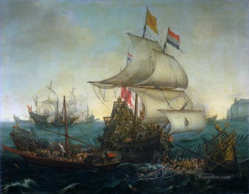 海戦 Painting - スペインのガレー船を駆け下りるオランダ船